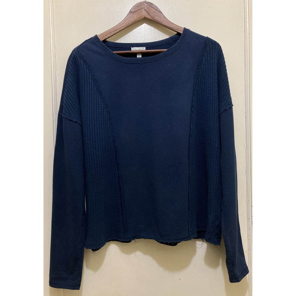 Wonderly Waffle Knit Womens Top‎ XL Blue Round Neck Raw-Edge Hem Cozy Boho-Chic